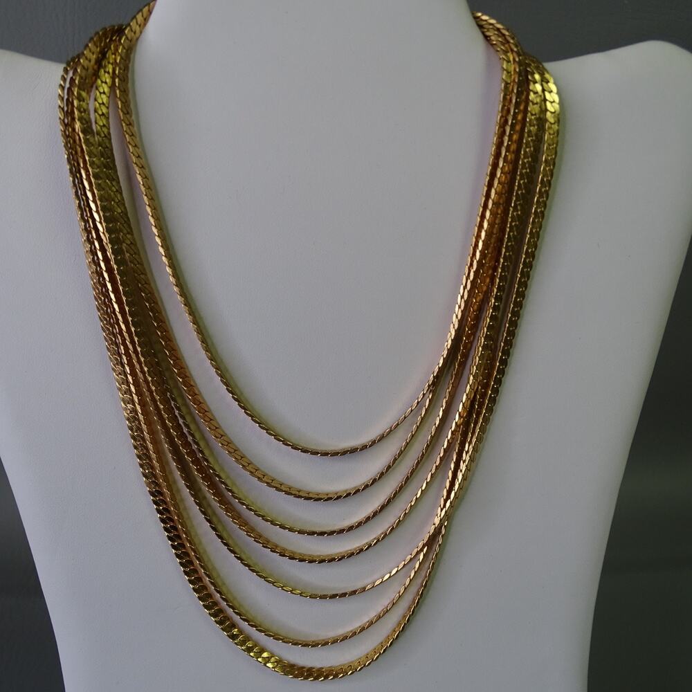 Vintage Necklace 7 Strand Gold Tone Ornate Clasp Herringbone
